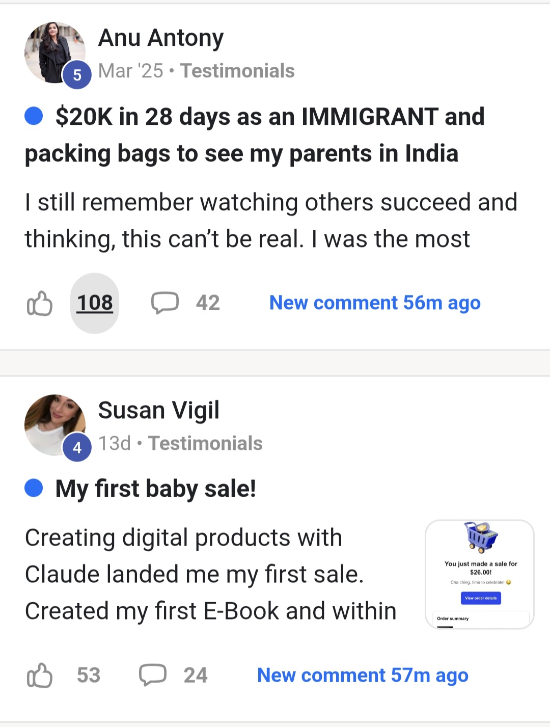 Anu Antony $20K in 28 days and Susan Vigil first sale testimonials