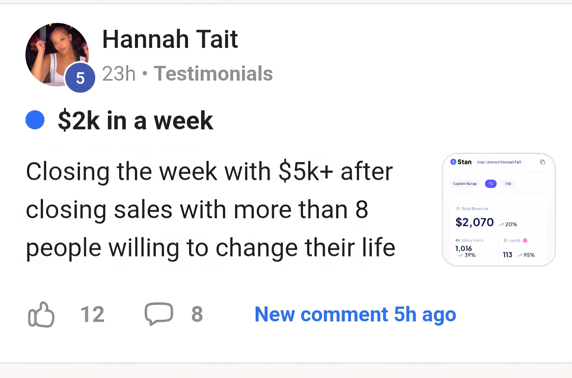 Hannah Tait $2k in a week testimonial