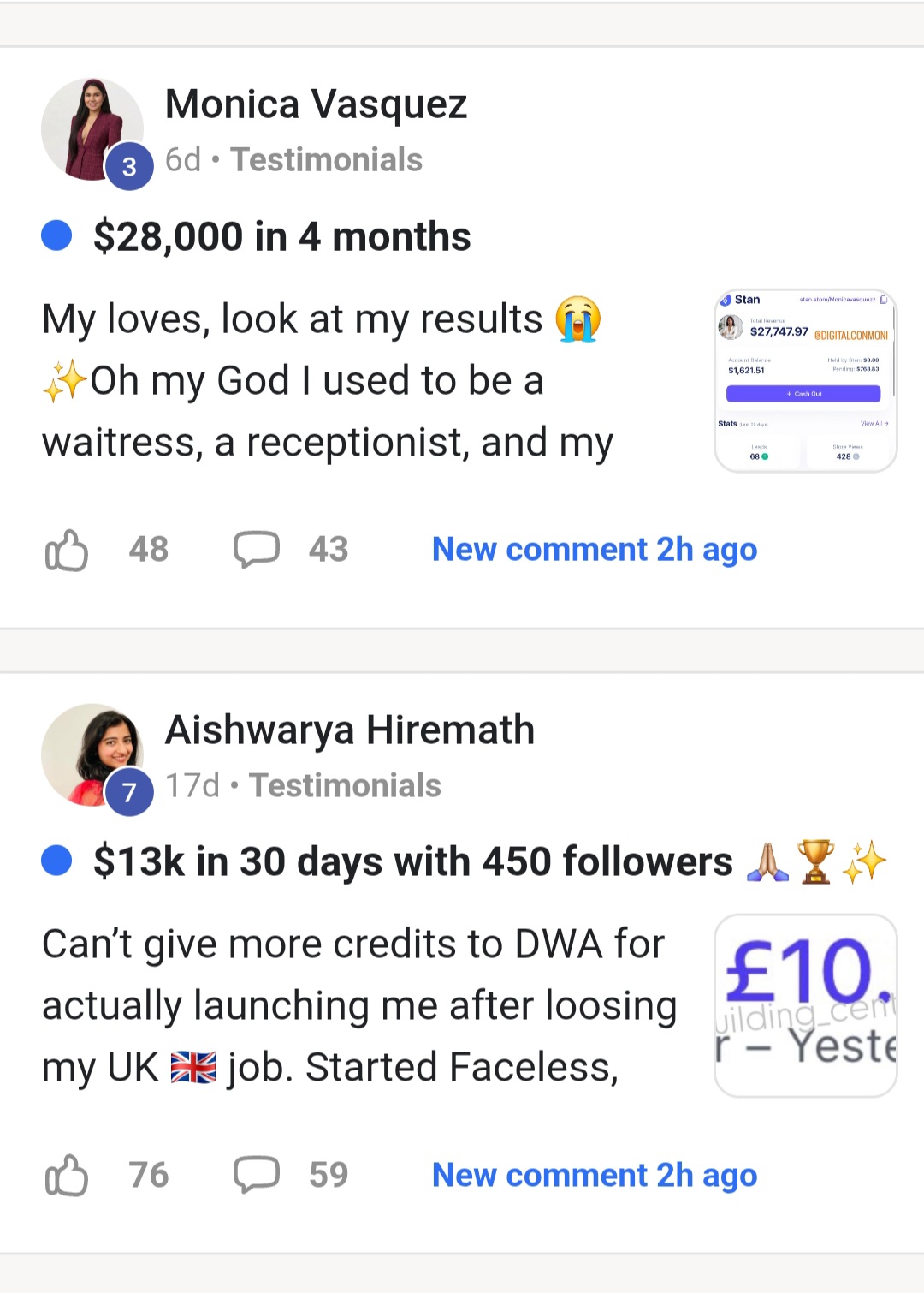Monica Vasquez $28,000 in 4 months and Aishwarya Hiremath $13k in 30 days testimonials
